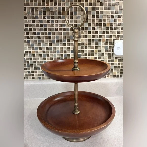 Mango Wood 2 Tier Cupcake Server Tray Mid Century - Picture 7 of 16